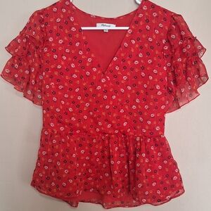 Madewell Scarlet Floral Ruffle Short Sleeve Blouse Size 6 Light Sheer Lined
